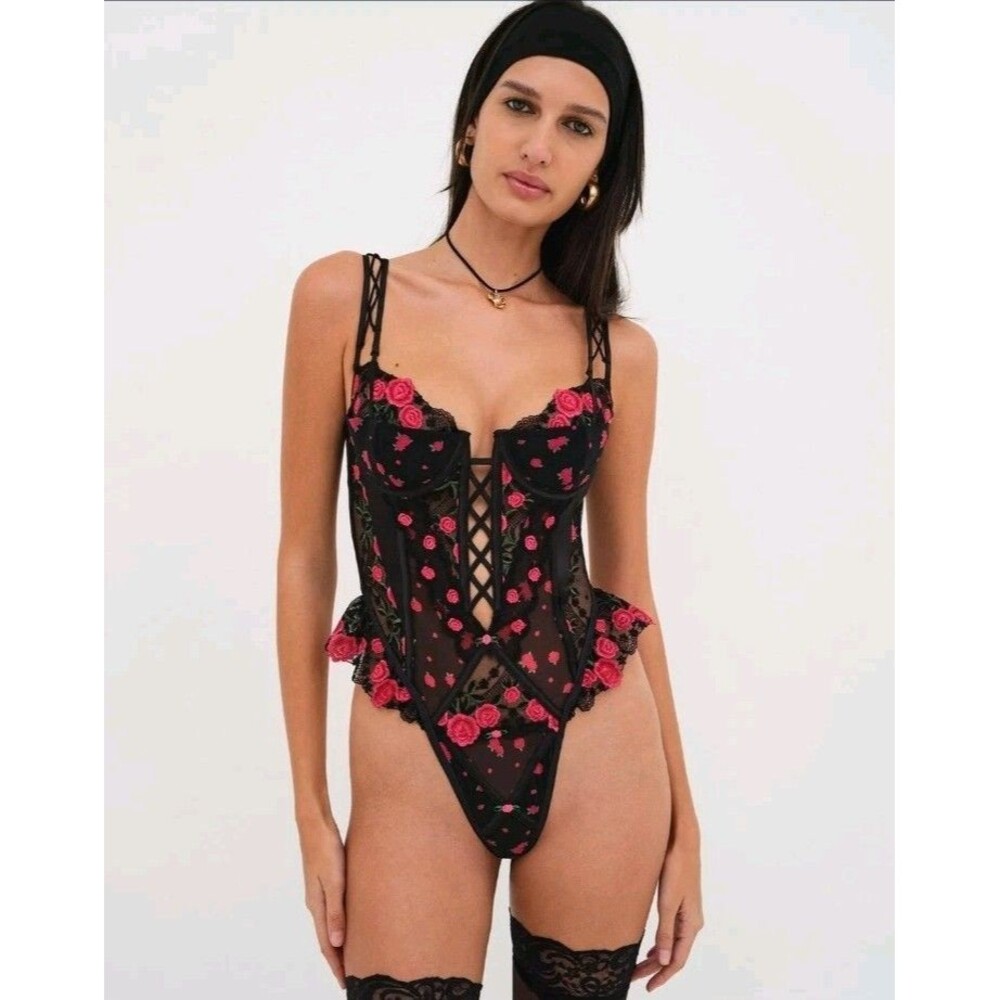 NWT For Love & Lemons Eyelet Teddy Bodysuit Cherry Black Lace Thong Sz XXS Fairy
